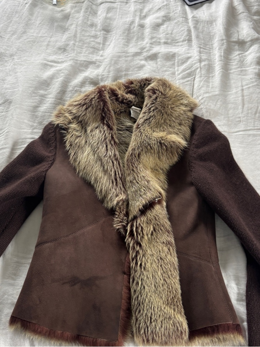 Brunello Cucinelli Brown Leather and 100% Cashmere Jacket with Fur Trim